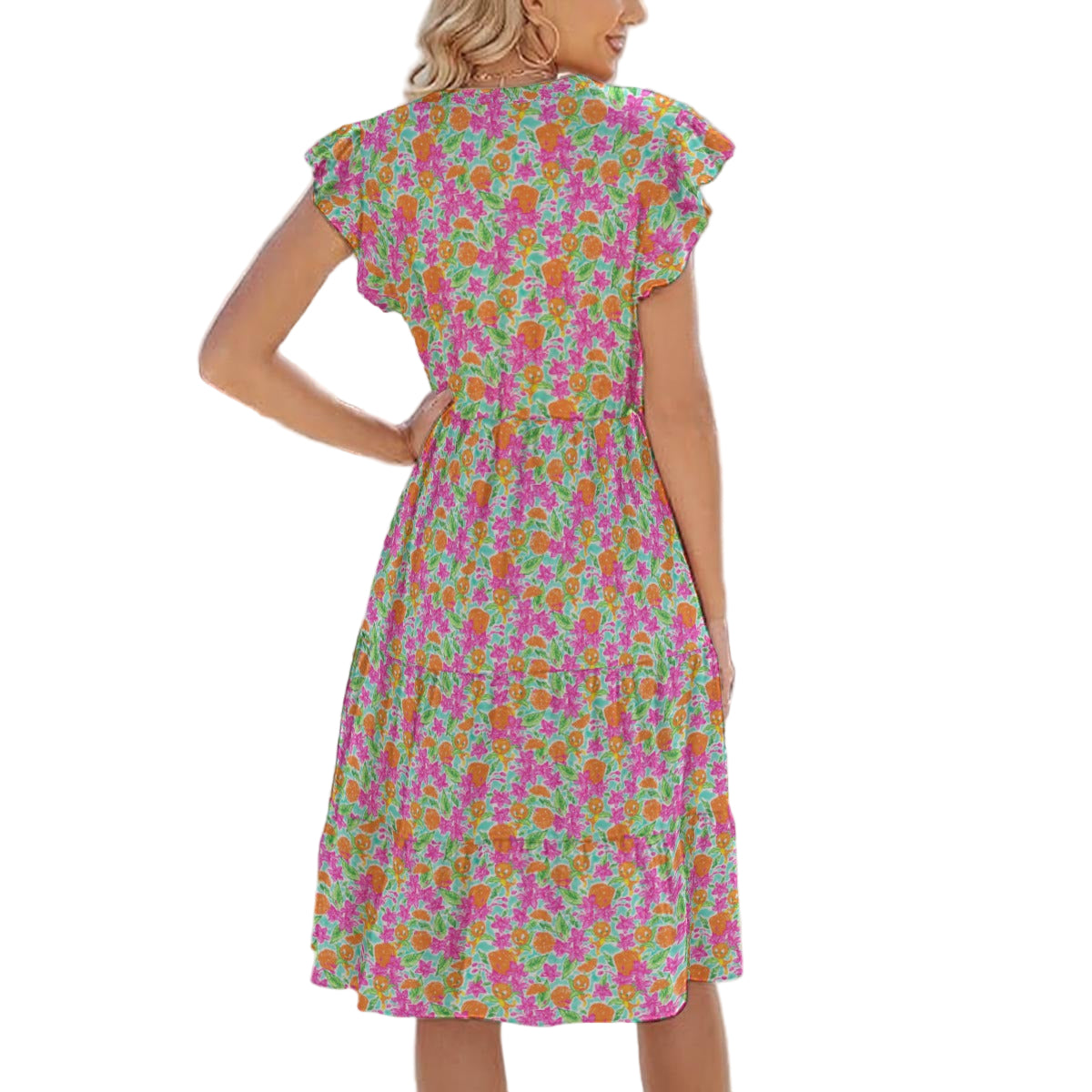 Tropical Citrus Bloom - Women's Tiered Pocket Midi Dress