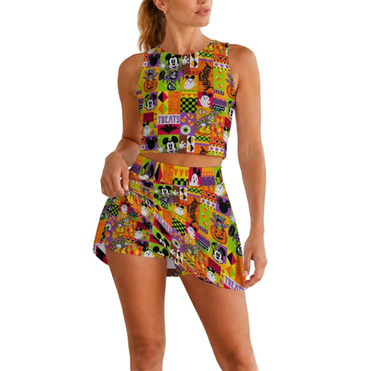 Spooky Patchwork Treats - Women’s Athletic Skort Set with Open-Back Crop Top