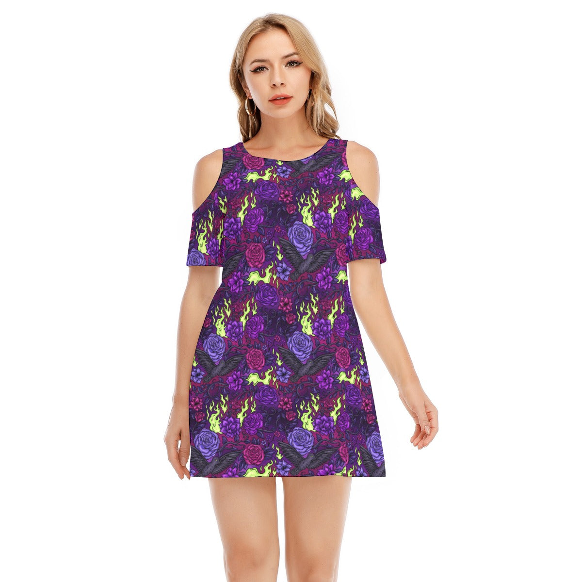 Fairytale Florals - Dark Enchantress - Women's Cold Shoulder Cotton Dress