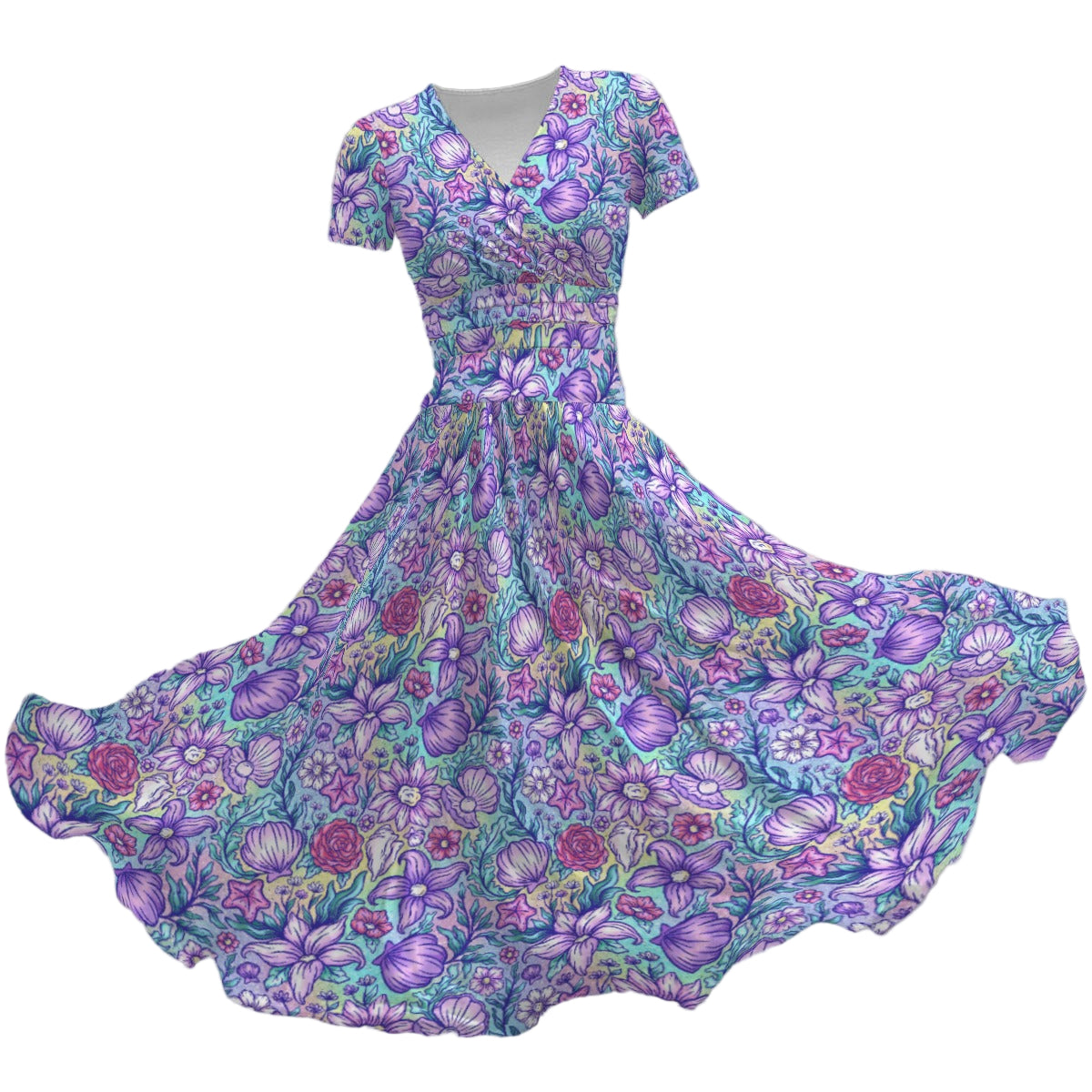 Fairytale Florals – Mermaid Princess - Women's V-Neck Ruched Midi Dress