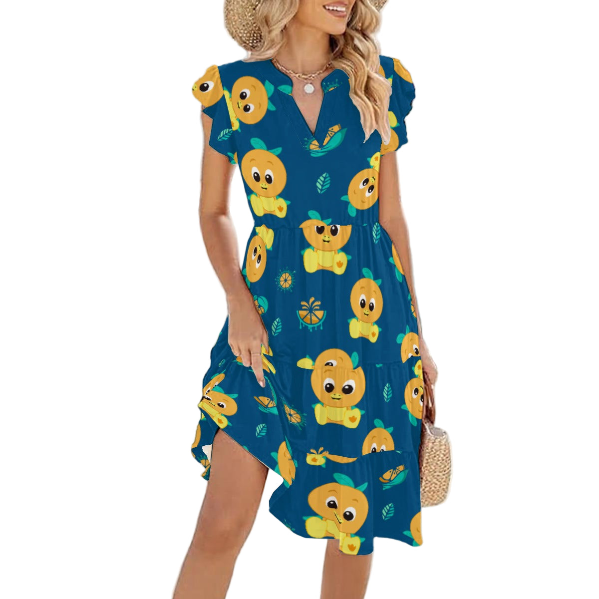 Cheerful Citrus Bird - Women's Tiered Pocket Midi Dress