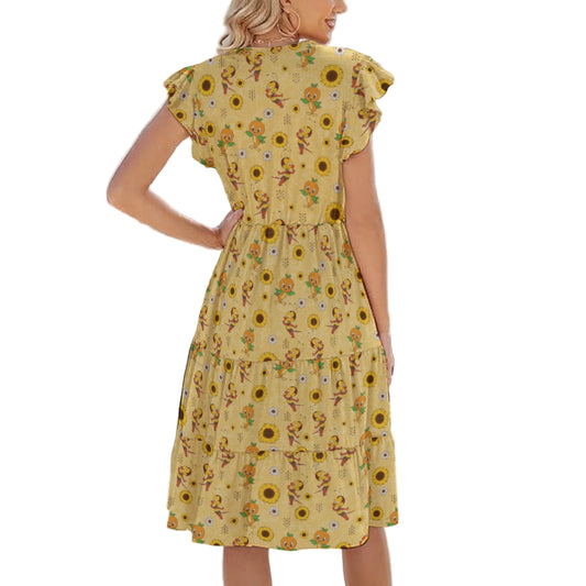 Cheerful Bee & Citrus Bird - Women's Tiered Pocket Midi Dress