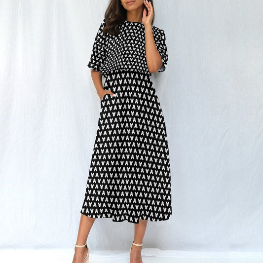 Playful Polka Dot Ears Black - Women’s Elastic Waist Pocket Midi Dress