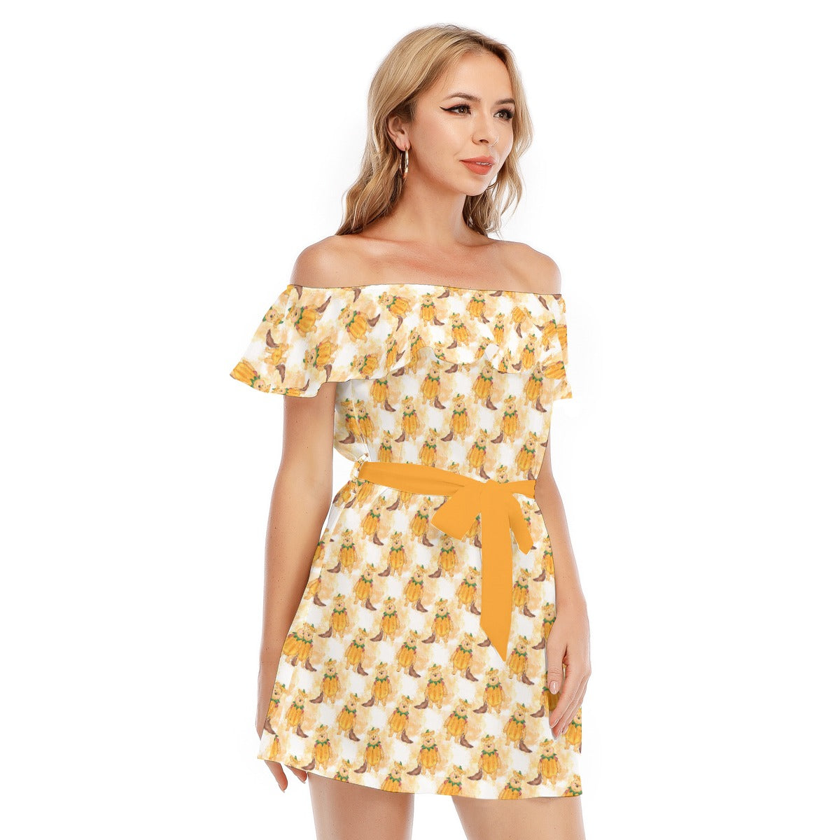Pumpkin Bear Mischief - Women's Off-shoulder Ruffle Dress