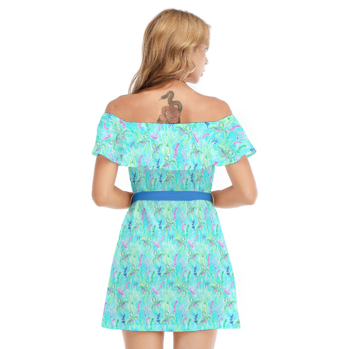 Neon Floral Baby Turtle - Women's Off-shoulder Ruffle Dress
