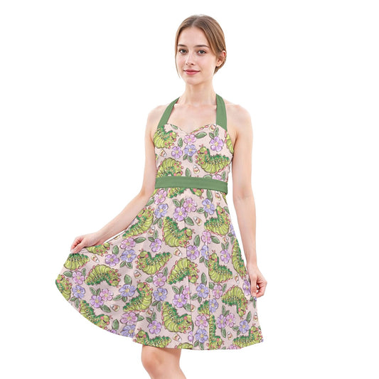 Cheerful Caterpillar Garden - Women's Halter Vintage Pocket Dress