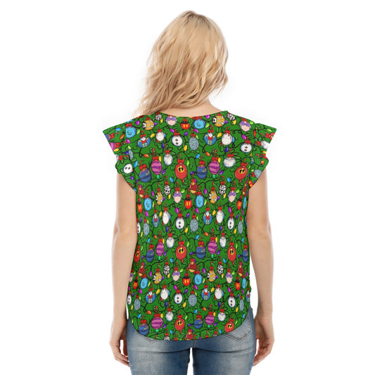 Festive Character Baubles on Green - Women’s Flutter Sleeve Top