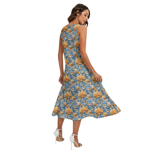 Regal Embroidered Cinderella - Women’s Diagonal Pocket Midi Dress