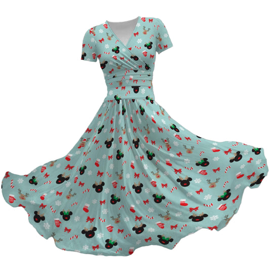 Festive Reindeer Mouse Holidayeers - Women's V-Neck Ruched Midi Dress