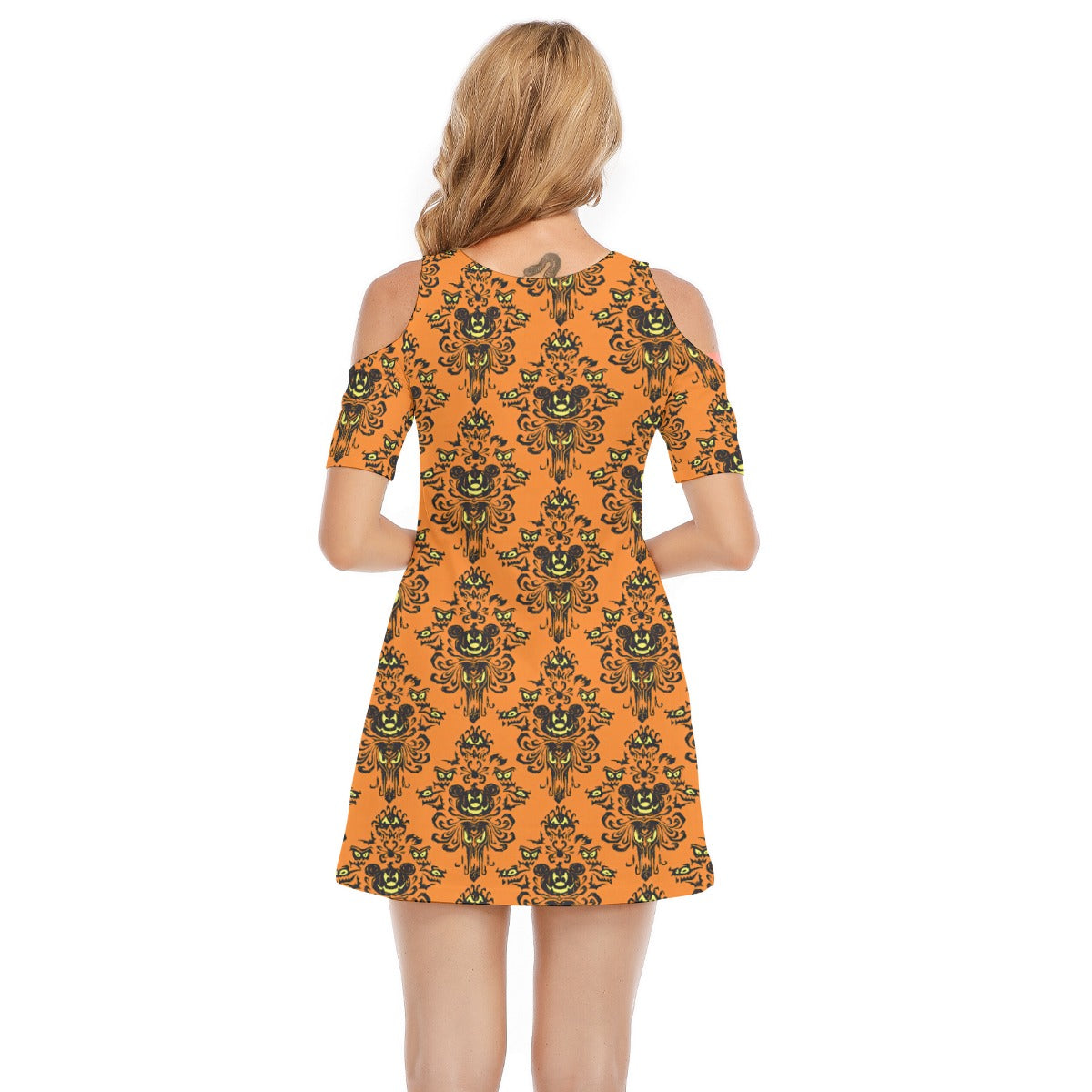 Haunted Halloween Mansion Wallpaper - Women's Cold Shoulder Cotton Dress