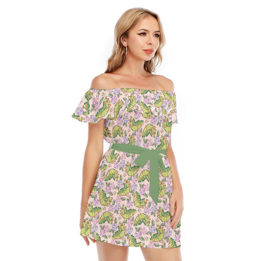 Cheerful Caterpillar Garden - Women's Off-shoulder Ruffle Dress