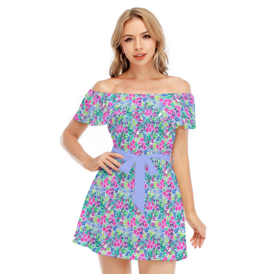 Bright Tropical Bliss - Island Mouse Duo - Women's Off-shoulder Ruffle Dress