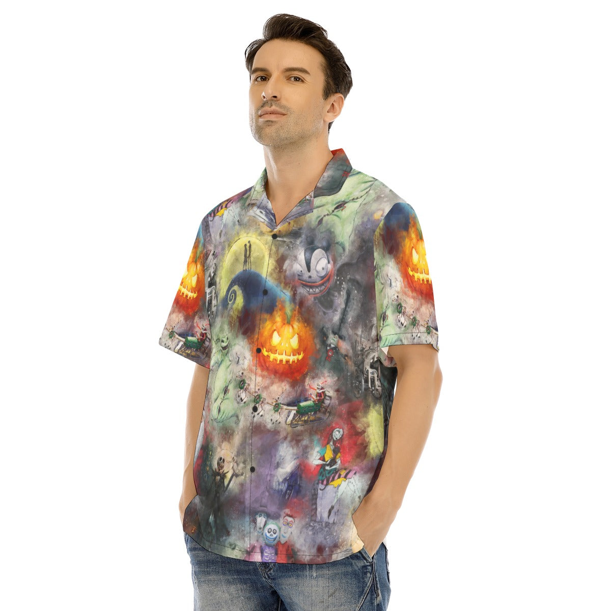 Watercolor Nightmare Town - Men's Hawaiian Button Up Shirt