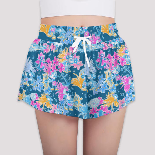 Bright Tropical Whimsy - Vintage Steamboat Captain - Girls’ Flowy Pocket Shorts