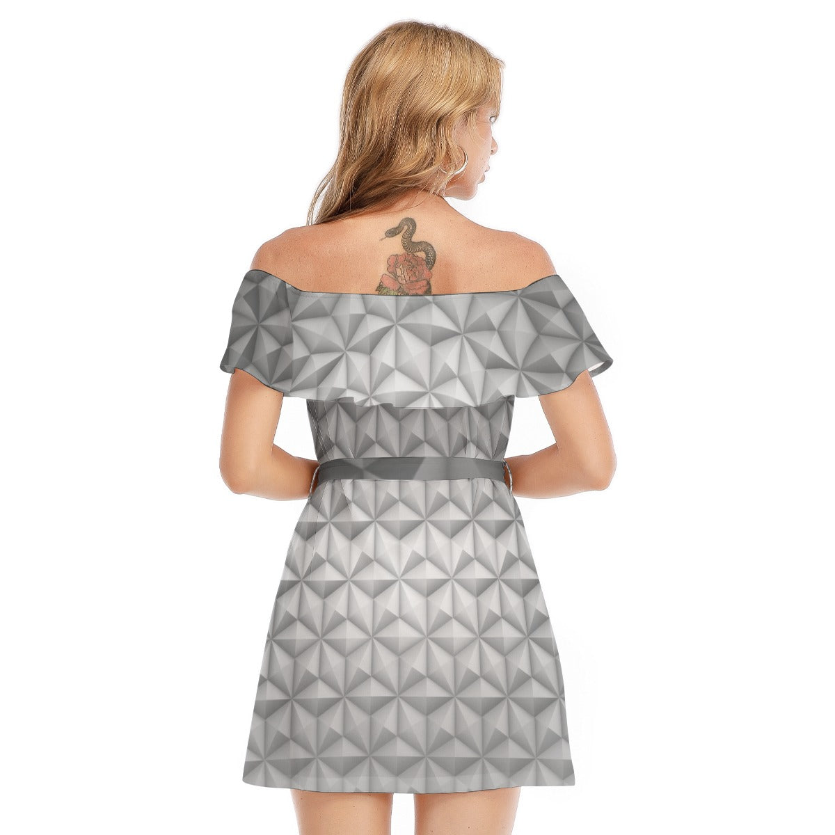 Geometric Silver Sphere - Women's Off-shoulder Ruffle Dress