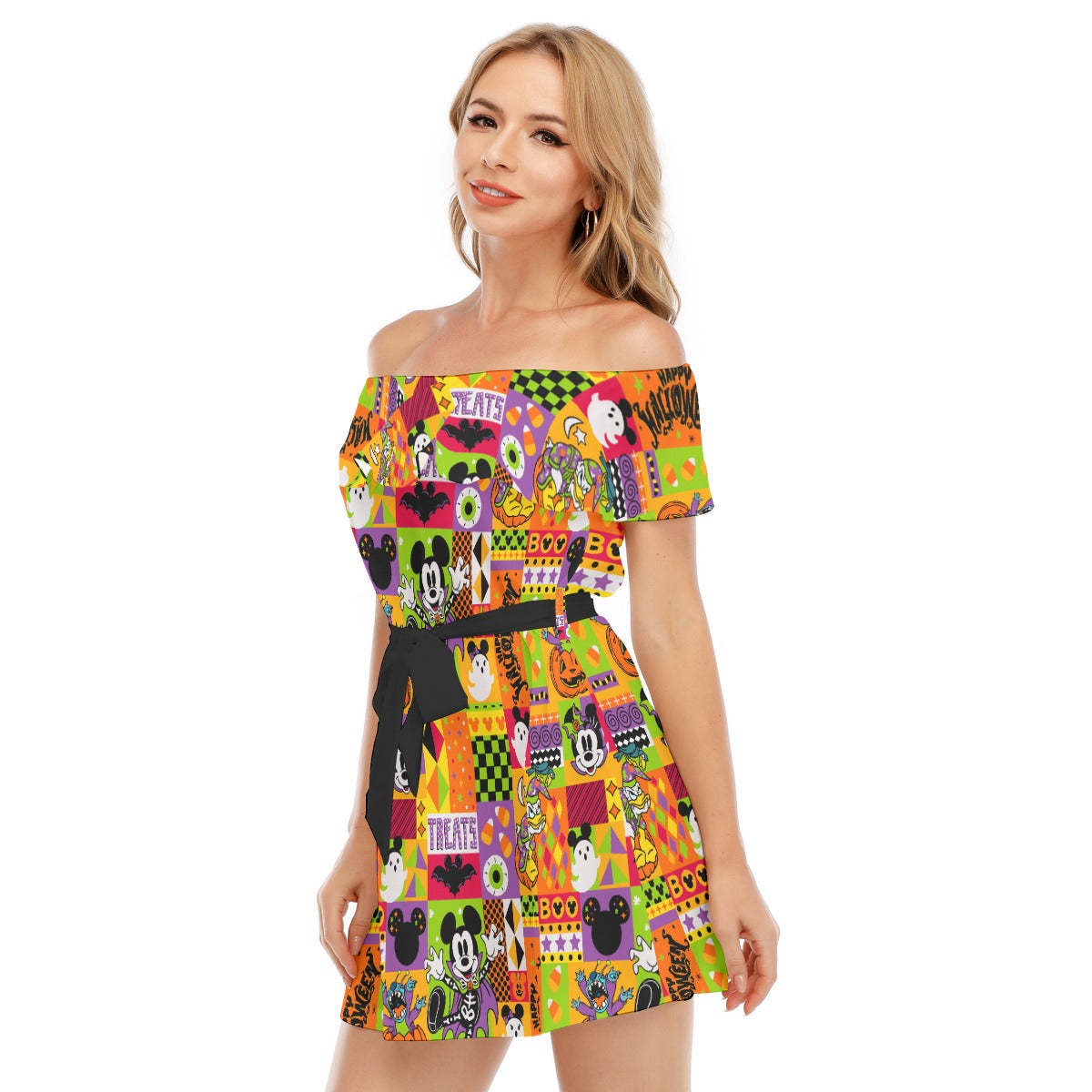 Spooky Patchwork Treats - Women's Off-shoulder Ruffle Dress