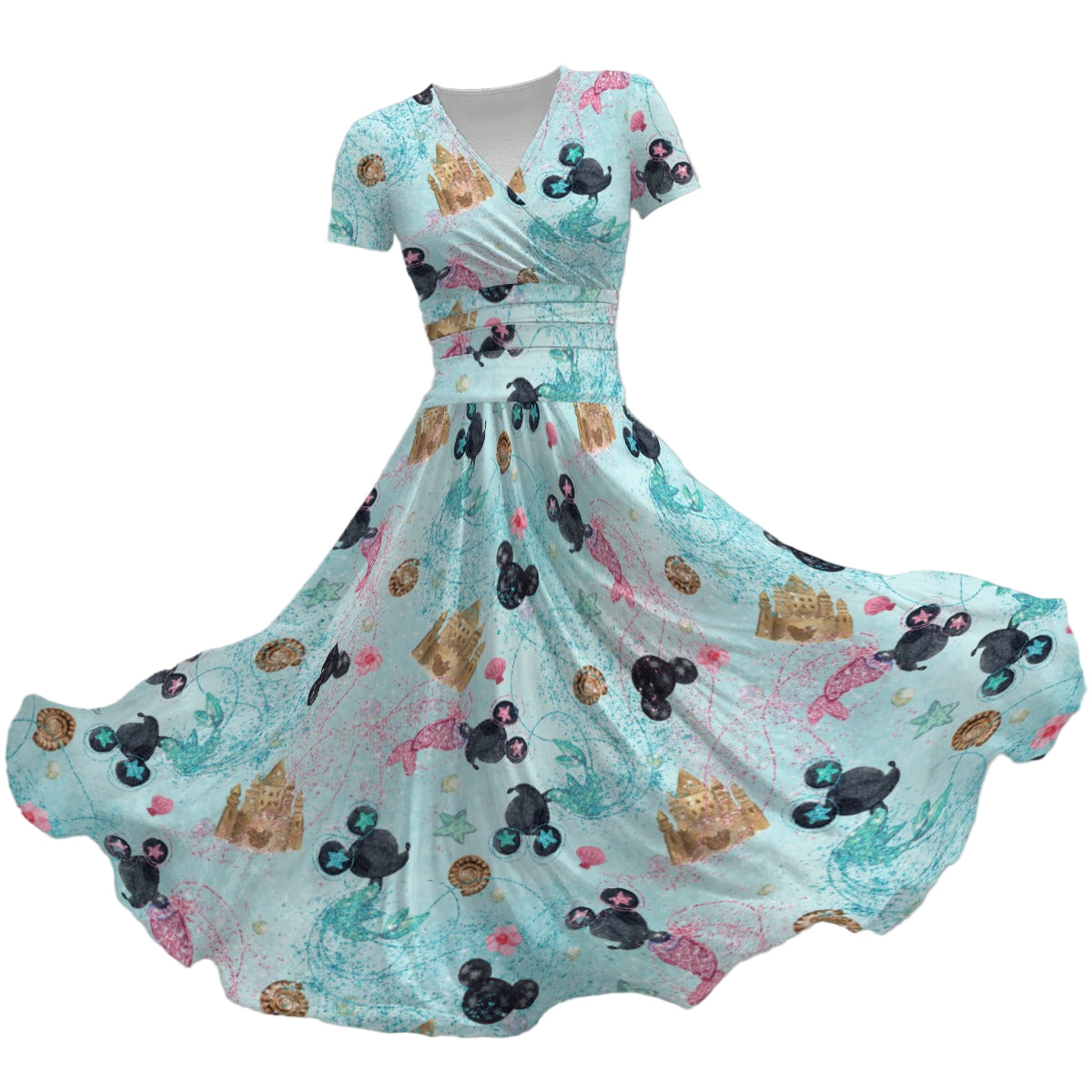 Watercolor Mermaid Mouse Ears - Women's V-Neck Ruched Midi Dress