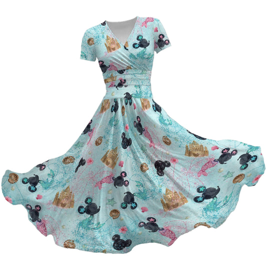 Watercolor Mermaid Mouse Ears - Women's V-Neck Ruched Midi Dress