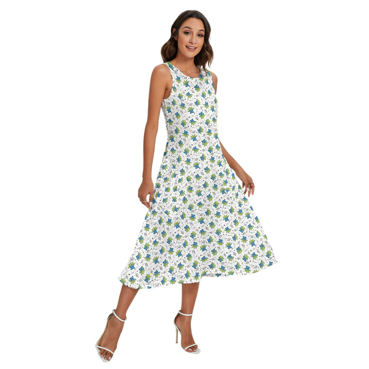Little Green Aliens on White - Women’s Diagonal Pocket Midi Dress