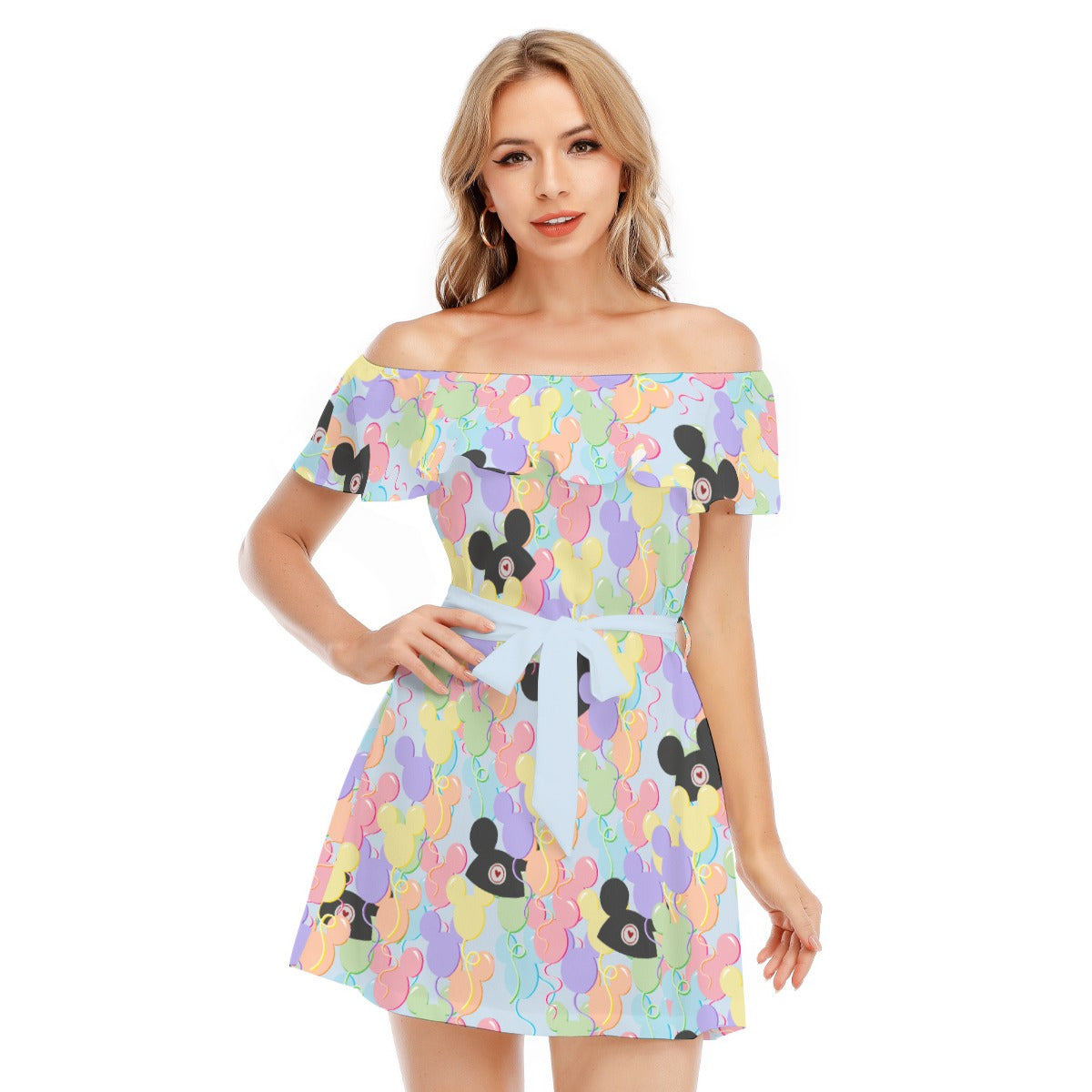 Pastel Mouse Ear Balloons - Women's Off-shoulder Ruffle Dress