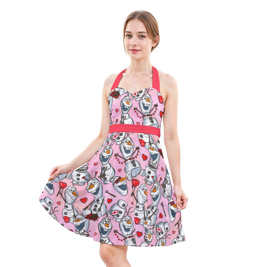 Sketched Snowman Valentine’s Day - Women's Halter Vintage Pocket Dress