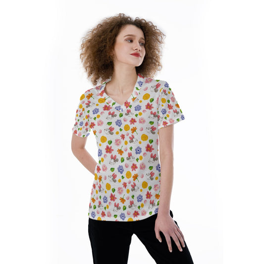 Floral Friends Springtimennie - Women's Short Sleeve V-Neck T-Shirt