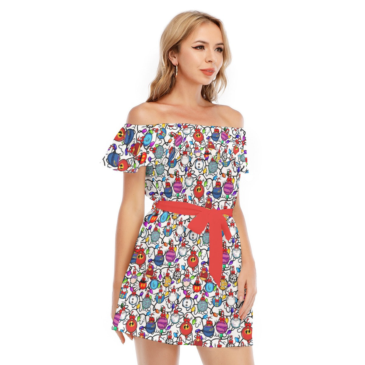 Festive Character Baubles on White - Women's Off-shoulder Ruffle Dress