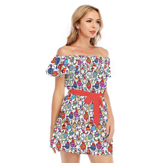 Festive Character Baubles on White - Women's Off-shoulder Ruffle Dress