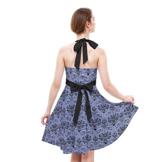 Haunted Mansion Wallpaper - Women's Halter Vintage Pocket Dress