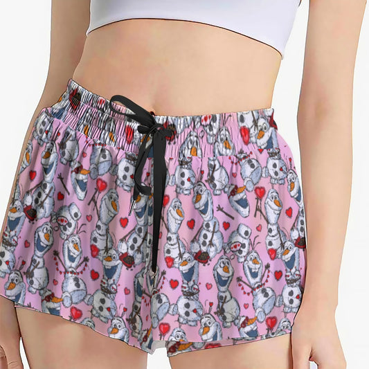 Sketched Snowman Valentine’s Day - Women's Flowy Pocket Shorts