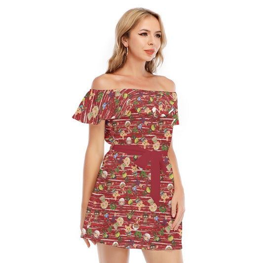 A Very Festive Puppet Christmas - Women's Off-shoulder Ruffle Dress