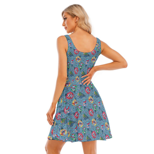 Holiday Baubles with Mischievous Blue Alien - Women's Sleeveless Pocket Skater Dress
