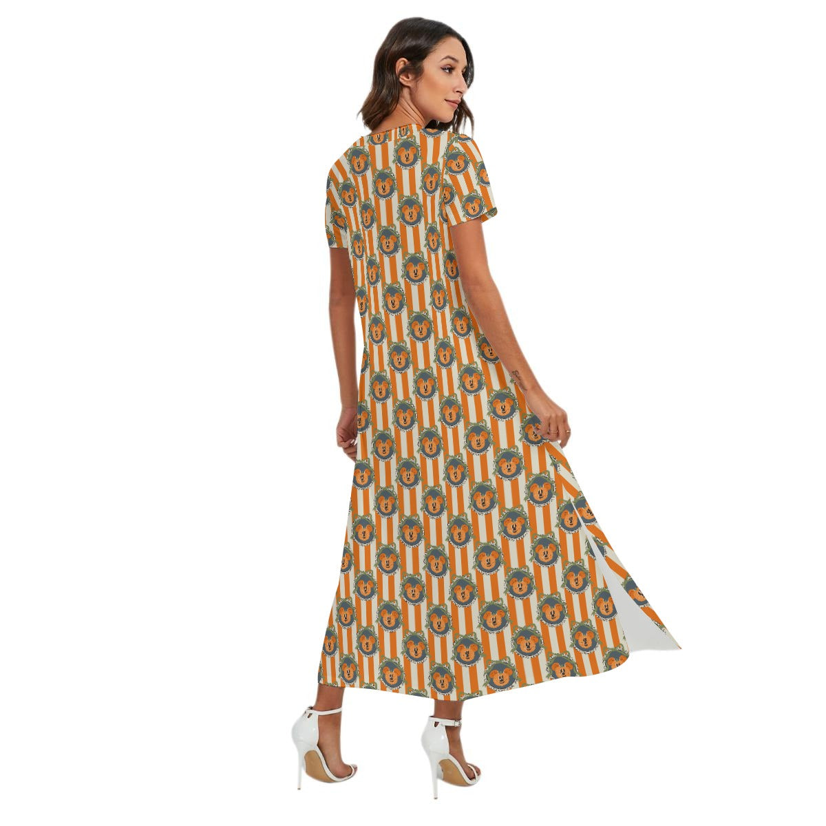Pumpkin Cameo Stripes - Women's V-Neck Side Split Maxi Dress
