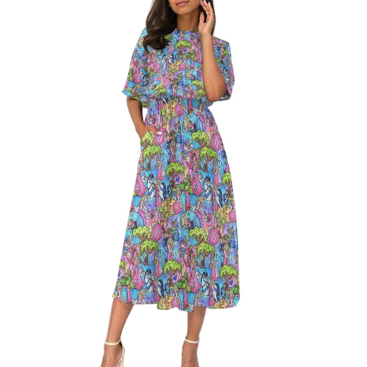 Dreaming Princess Storybook Scenes - Women's Elastic Waist Pocket Midi Dress