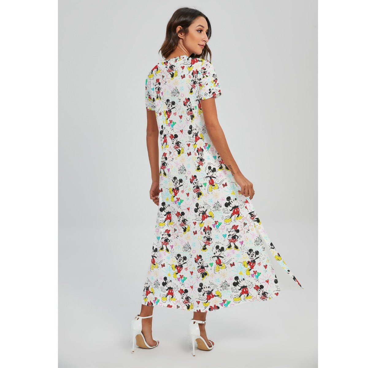 Doodle Mouse Magic - Women's V-Neck Side Split Maxi Dress