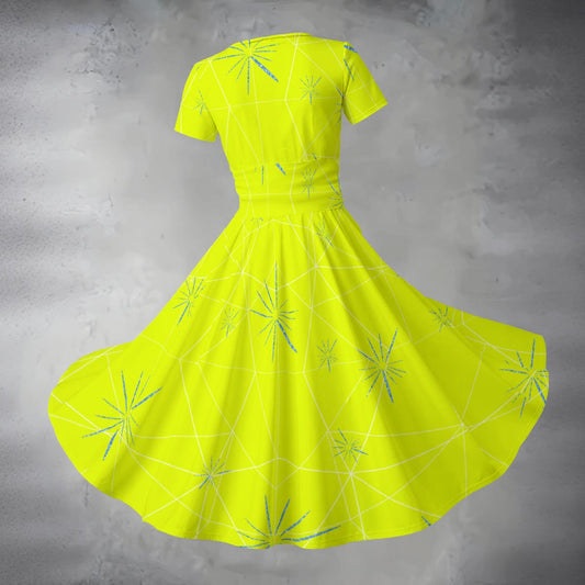 Joyful Blue & Yellow Florals - Women's V-Neck Ruched Midi Dress
