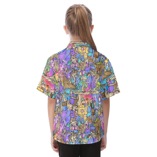 Golden Hair Storybook Scenes - Kid's Hawaiian Button Up Shirt