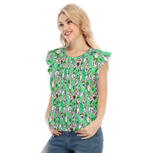 Sketched Snowman St. Patrick’s Day - Women’s Flutter Sleeve Top