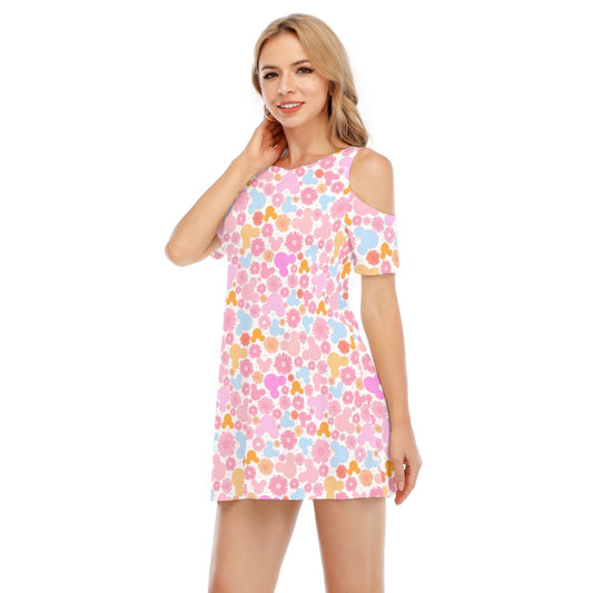 Retro Floral Mouse - Women's Cold Shoulder Cotton Dress
