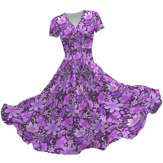 Purple Crystal Moths - Women's V-Neck Ruched Midi Dress