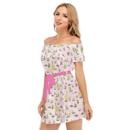 Watercolor Bayou Princess & Frog - Women's Off-shoulder Ruffle Dress