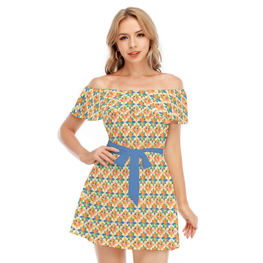 Retro Citrus Play - Women's Off-shoulder Ruffle Dress