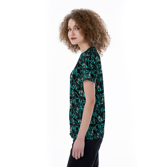 Electric Neon Grid Adventure - Women's Short Sleeve V-Neck T-Shirt