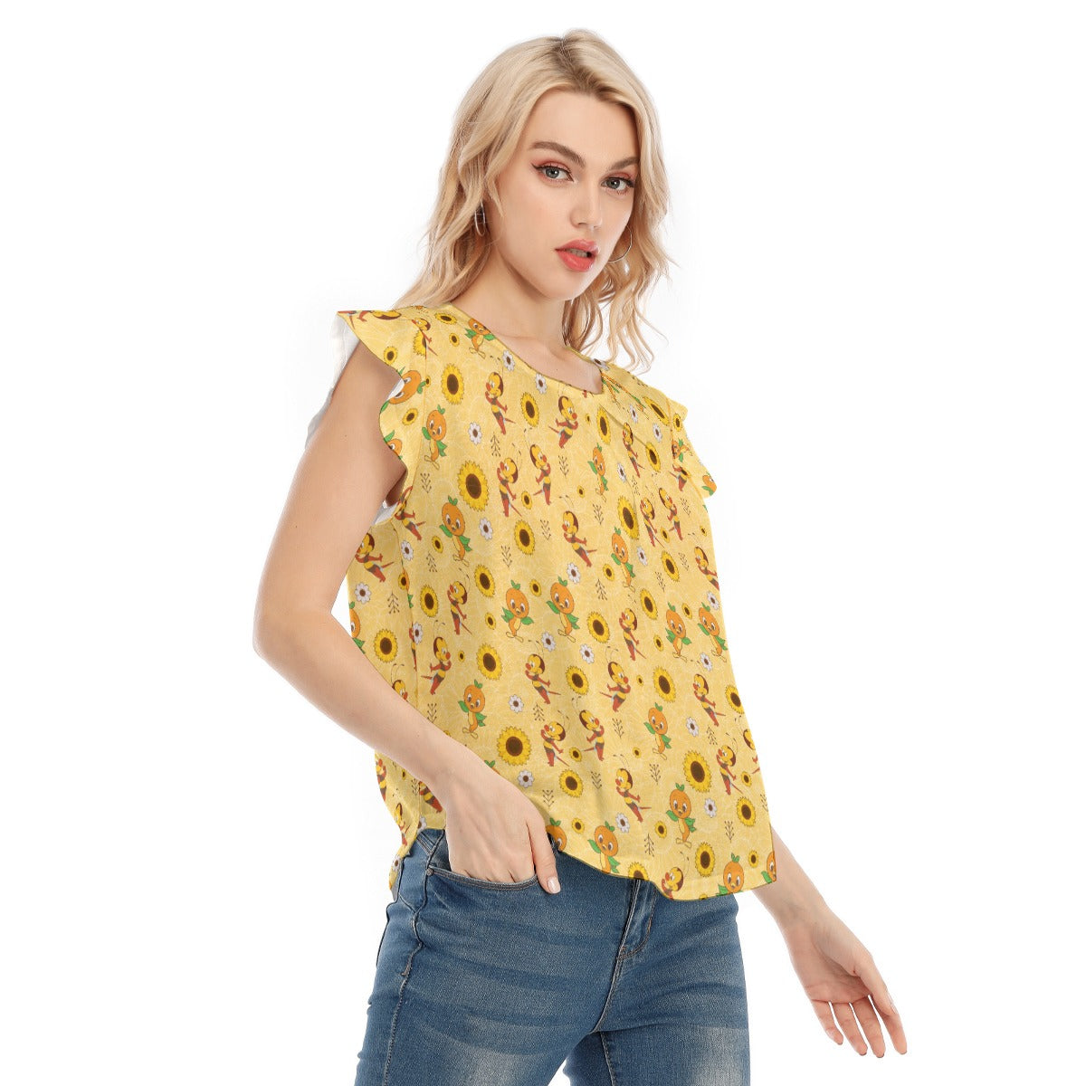 Cheerful Bee & Citrus Bird - Women’s Flutter Sleeve Top
