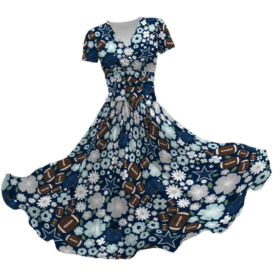Blue Star Blooms - Women's V-Neck Ruched Midi Dress