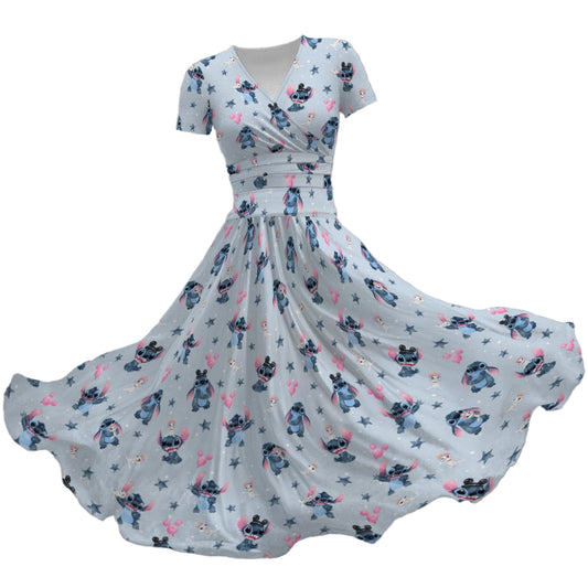 Happy Blue Alien - Women's V-Neck Ruched Midi Dress