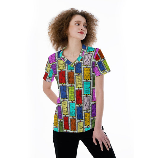 Sketchy Scare Doors - Women's Short Sleeve V-Neck T-Shirt