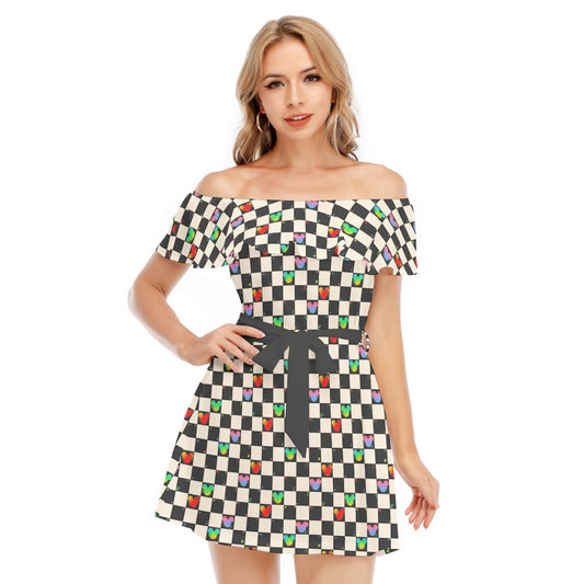 Rainbow Checker Mouse Ears - Women's Off-shoulder Ruffle Dress