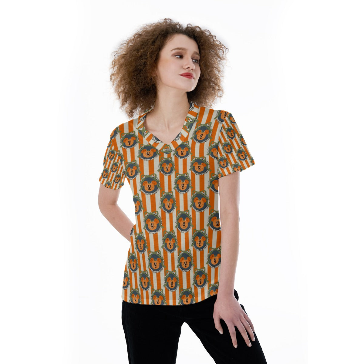 Pumpkin Cameo Stripes - Women's Short Sleeve V-Neck T-Shirt