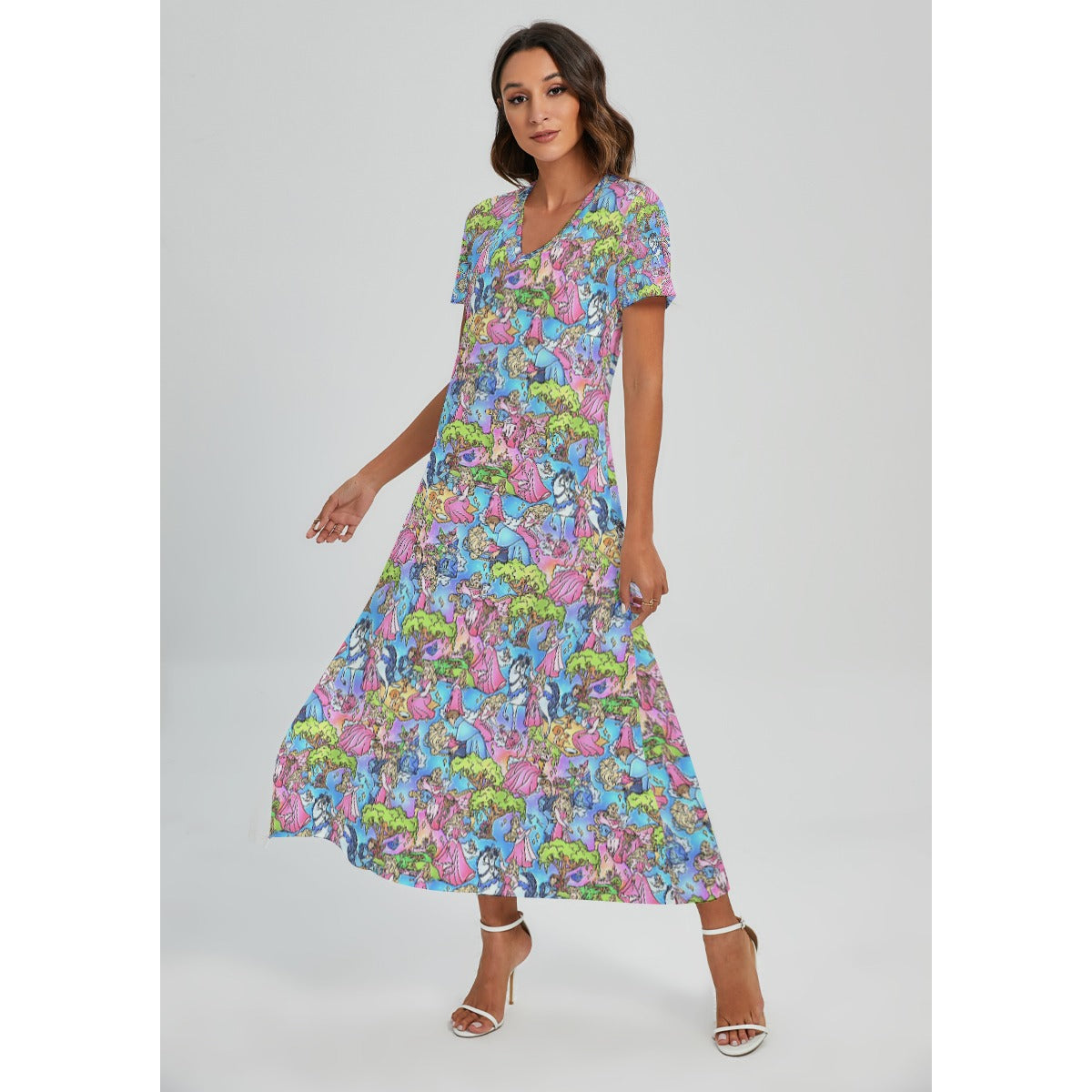 Dreaming Princess Storybook Scenes - Women's V-Neck Side Split Maxi Dress